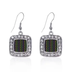 Silver Mardi Gras Pattern Square Charm Dangle Earrings