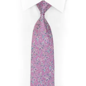 Silver Mauve Floral On Pink Rhinestone Silk Necktie With Silver Sparkles