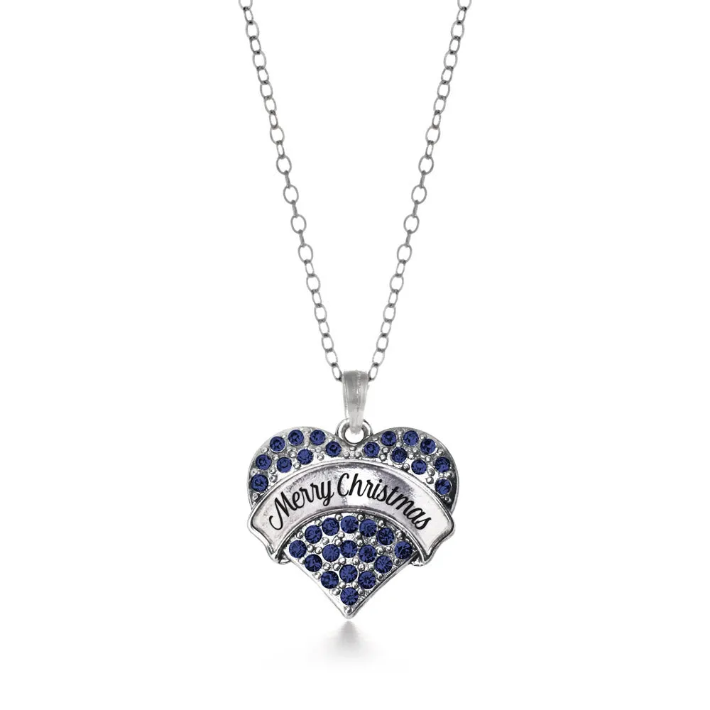 Silver Merry Christmas Navy Blue Blue Pave Heart Charm Classic Necklace