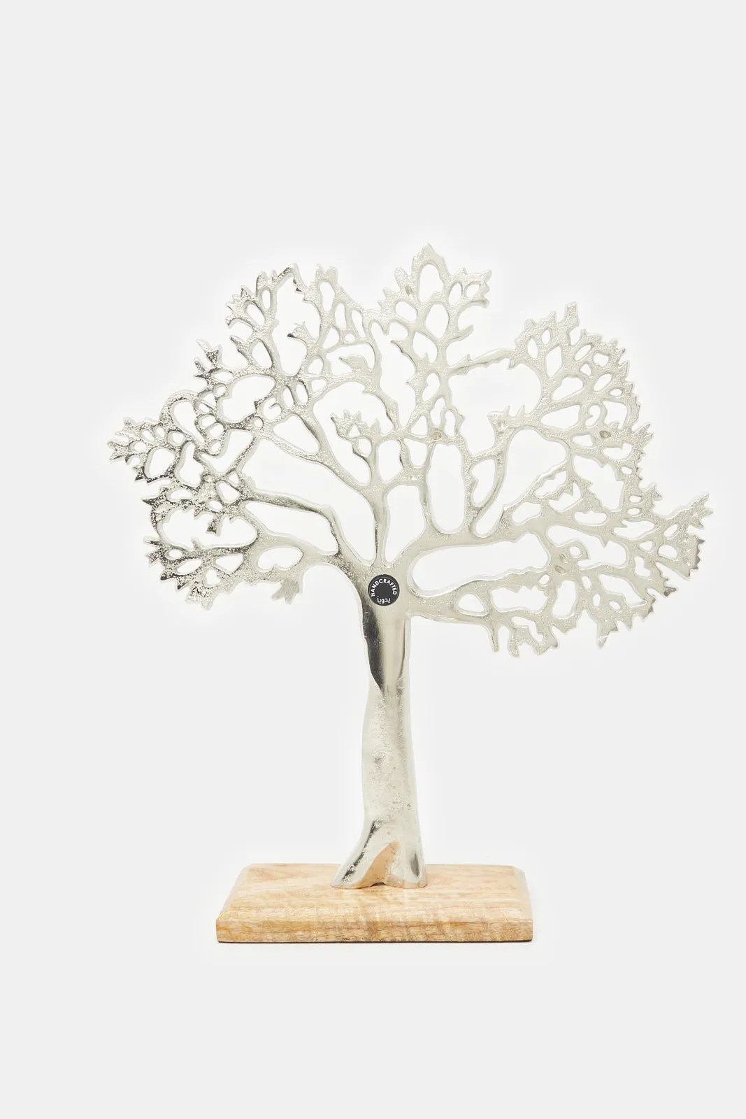 Silver Metal Tree Shaped Artefact With Wooden Base