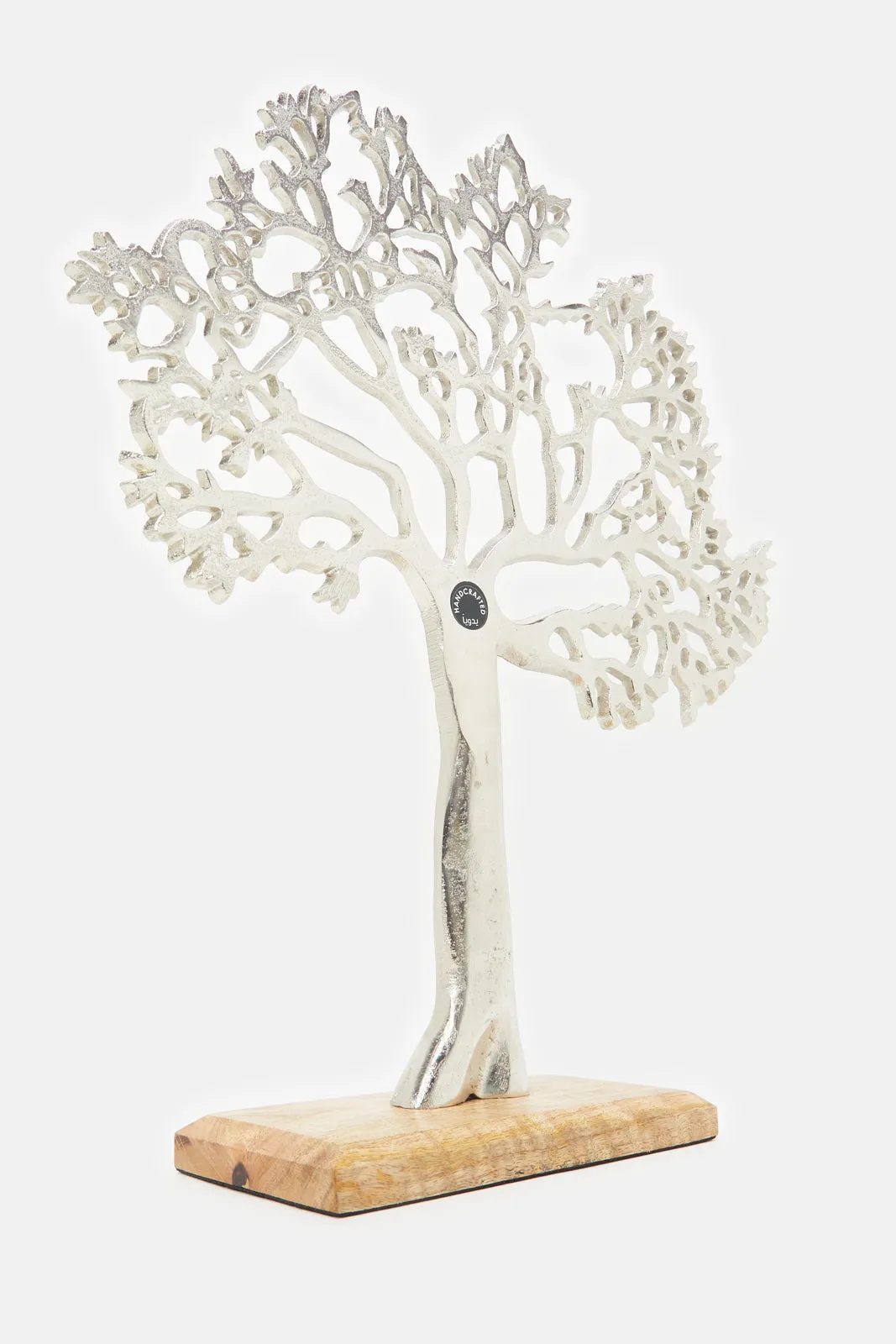 Silver Metal Tree Shaped Artefact With Wooden Base