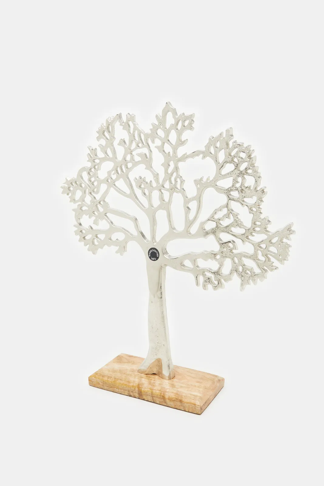 Silver Metal Tree Shaped Artefact With Wooden Base