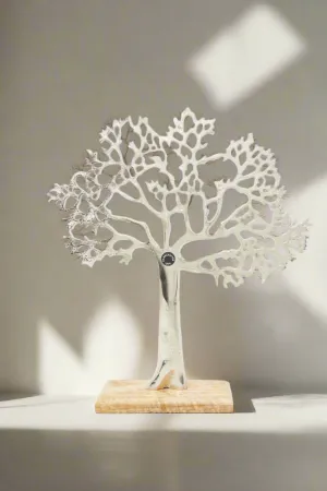 Silver Metal Tree Shaped Artefact With Wooden Base