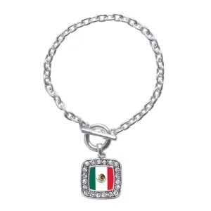 Silver Mexican Flag Square Charm Toggle Bracelet