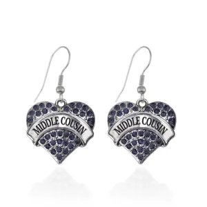 Silver Middle Cousin Navy Blue Pave Heart Charm Dangle Earrings