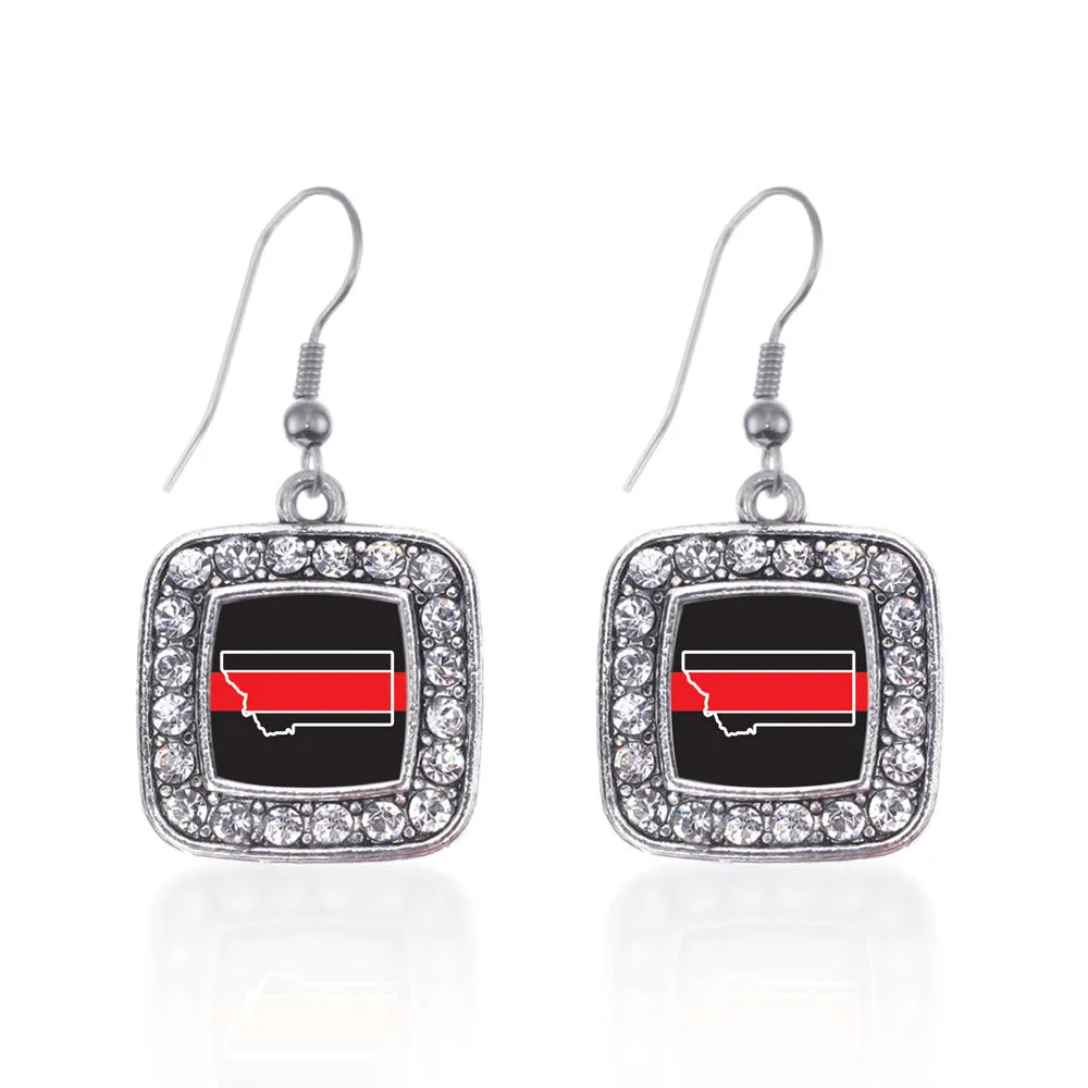 Silver Montana Thin Red Line Square Charm Dangle Earrings