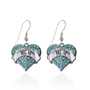 Silver Mum Aqua Aqua Pave Heart Charm Dangle Earrings