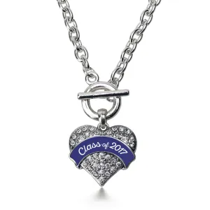 Silver Navy Blue Class of 2017 Pave Heart Charm Toggle Necklace