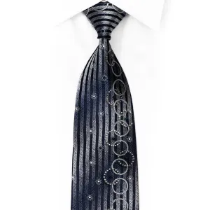 Silver Navy Blue Vertical Striped Geometric Rhinestone Silk Necktie With Sparkles