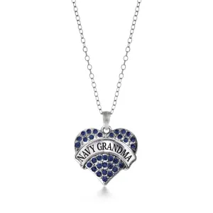 Silver Navy Grandma Blue Pave Heart Charm Classic Necklace