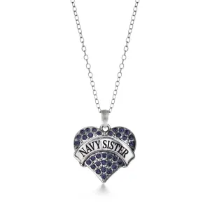 Silver Navy Sister Blue Pave Heart Charm Classic Necklace