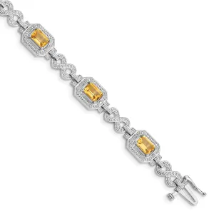 Silver Octagon Citrine Gemstone Diamond Bracelet