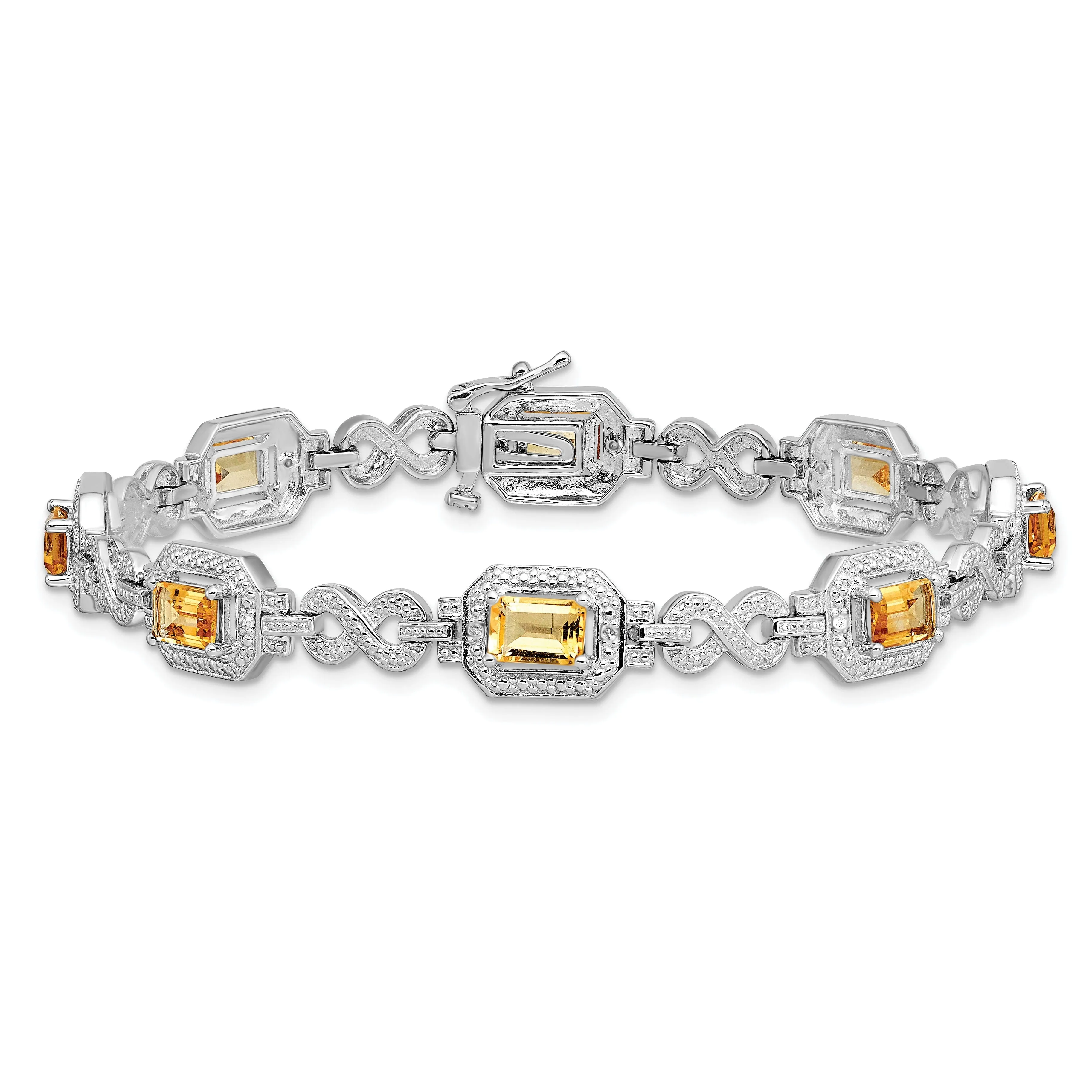 Silver Octagon Citrine Gemstone Diamond Bracelet