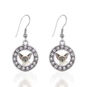 Silver Oriental Cat Circle Charm Dangle Earrings