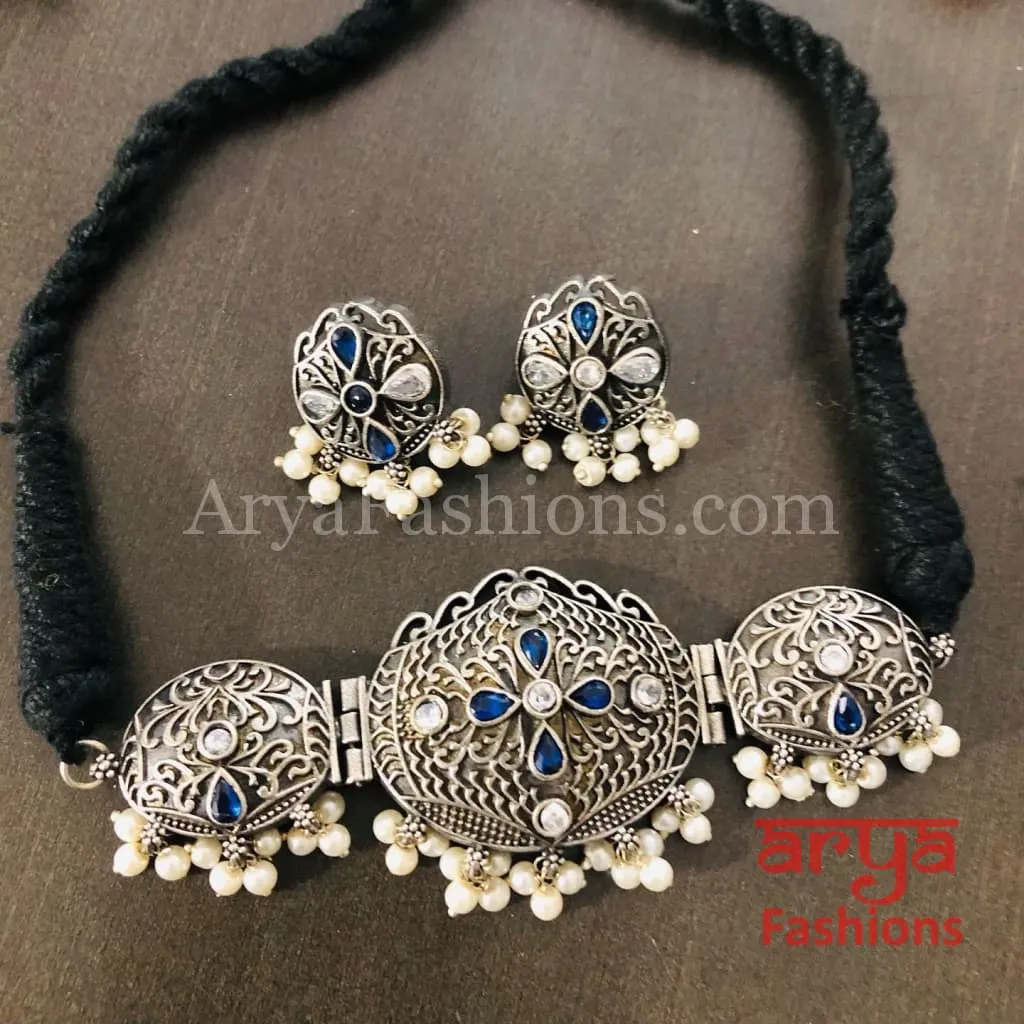 Silver Oxidized Tribal Choker Necklace with Stud earrings