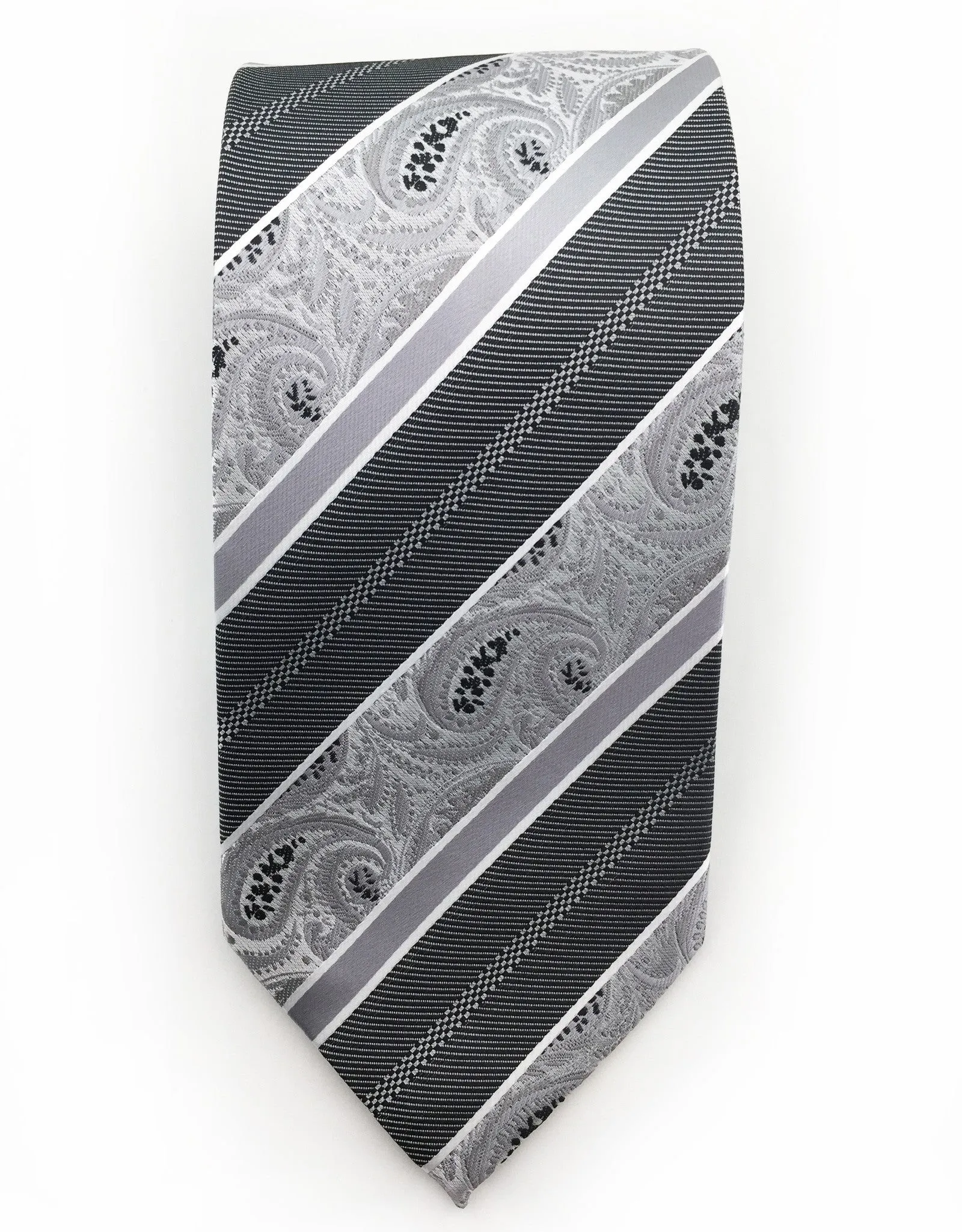 Silver Paisley Tie with Silver & Charcoal Stripes