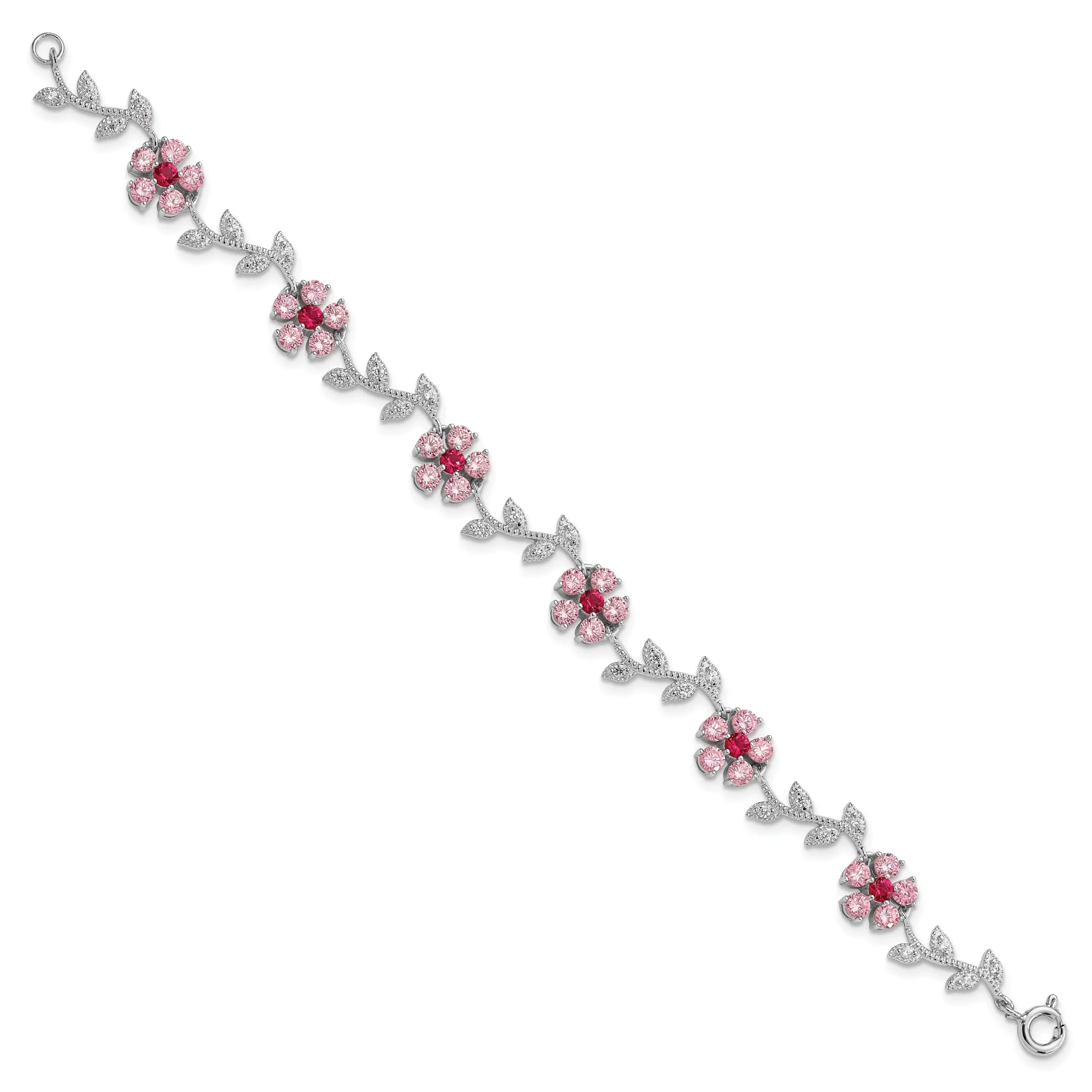 Silver Pink Cubic Zirconia Flower Bracelet