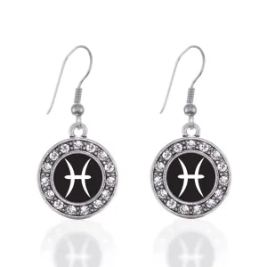 Silver Pisces Zodiac Circle Charm Dangle Earrings