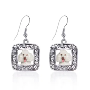 Silver Poodle Face Square Charm Dangle Earrings