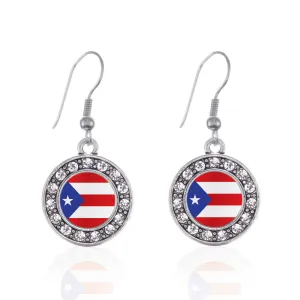 Silver Puerto Rico Flag Circle Charm Dangle Earrings