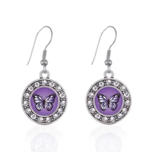 Silver Purple Butterfly Circle Charm Dangle Earrings