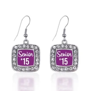 Silver Purple Senior '15 Square Charm Dangle Earrings