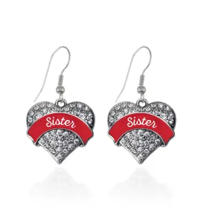 Silver Red Sister Pave Heart Charm Dangle Earrings