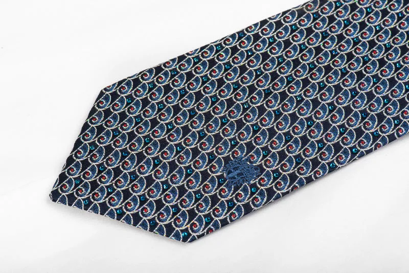 Silver Scrolls On Navy Mens Rhinestone Silk Necktie With Sparkles