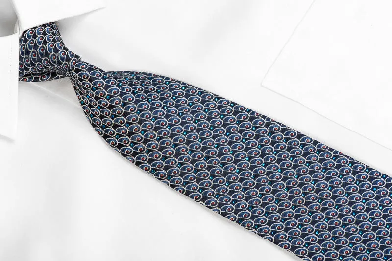 Silver Scrolls On Navy Mens Rhinestone Silk Necktie With Sparkles