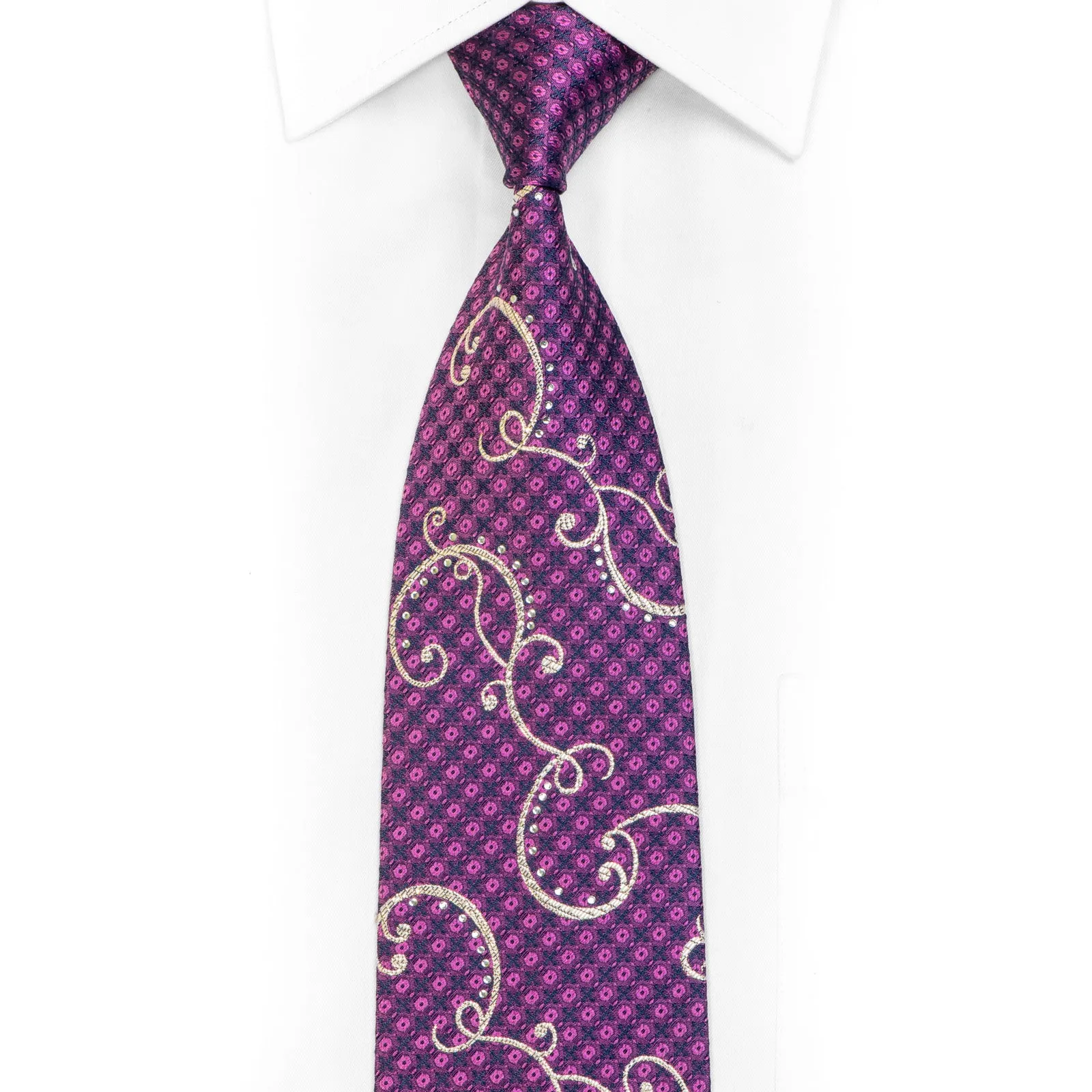 Silver Scrolls On Purple Rhinestone Silk Necktie With Silver Sparkles