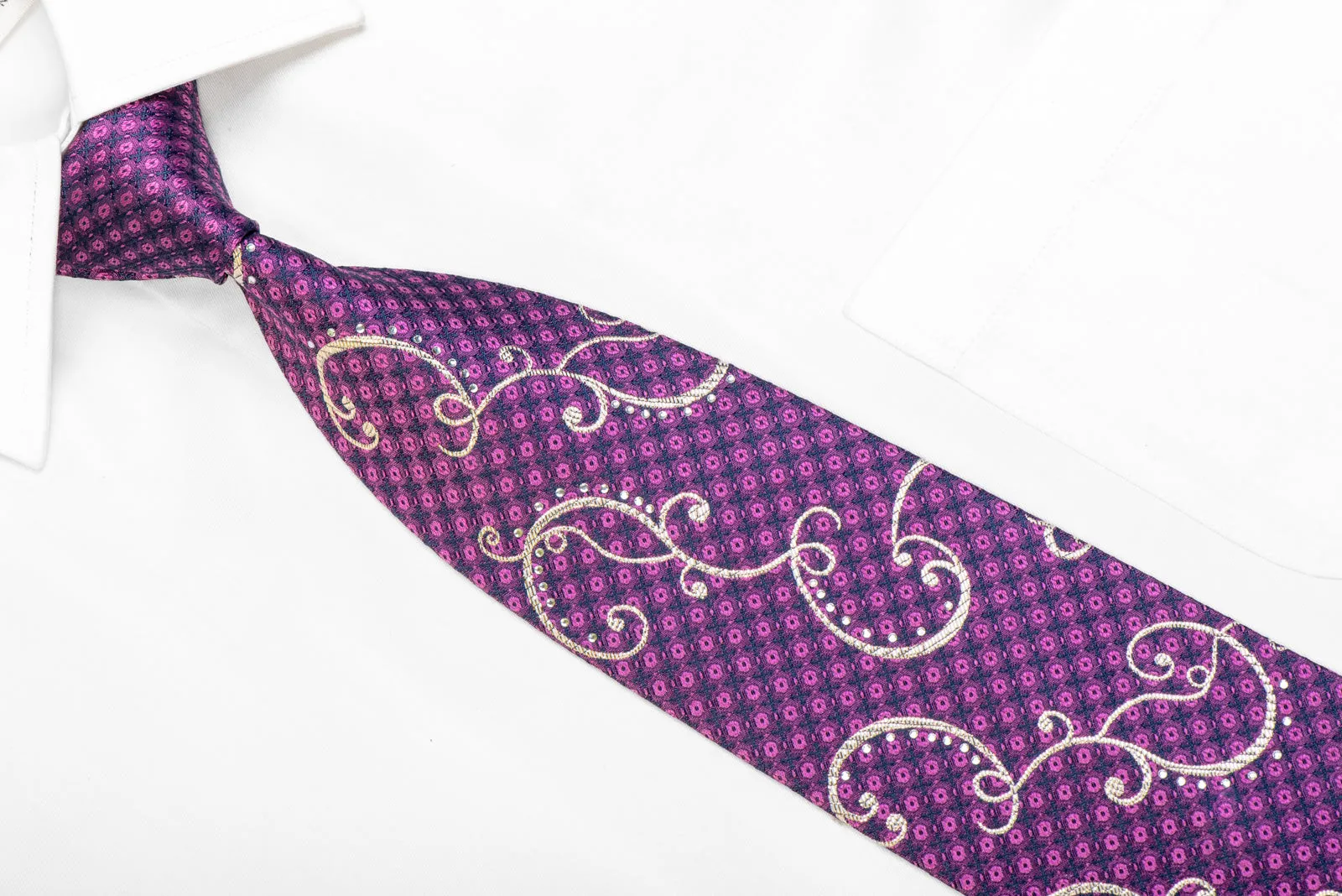 Silver Scrolls On Purple Rhinestone Silk Necktie With Silver Sparkles