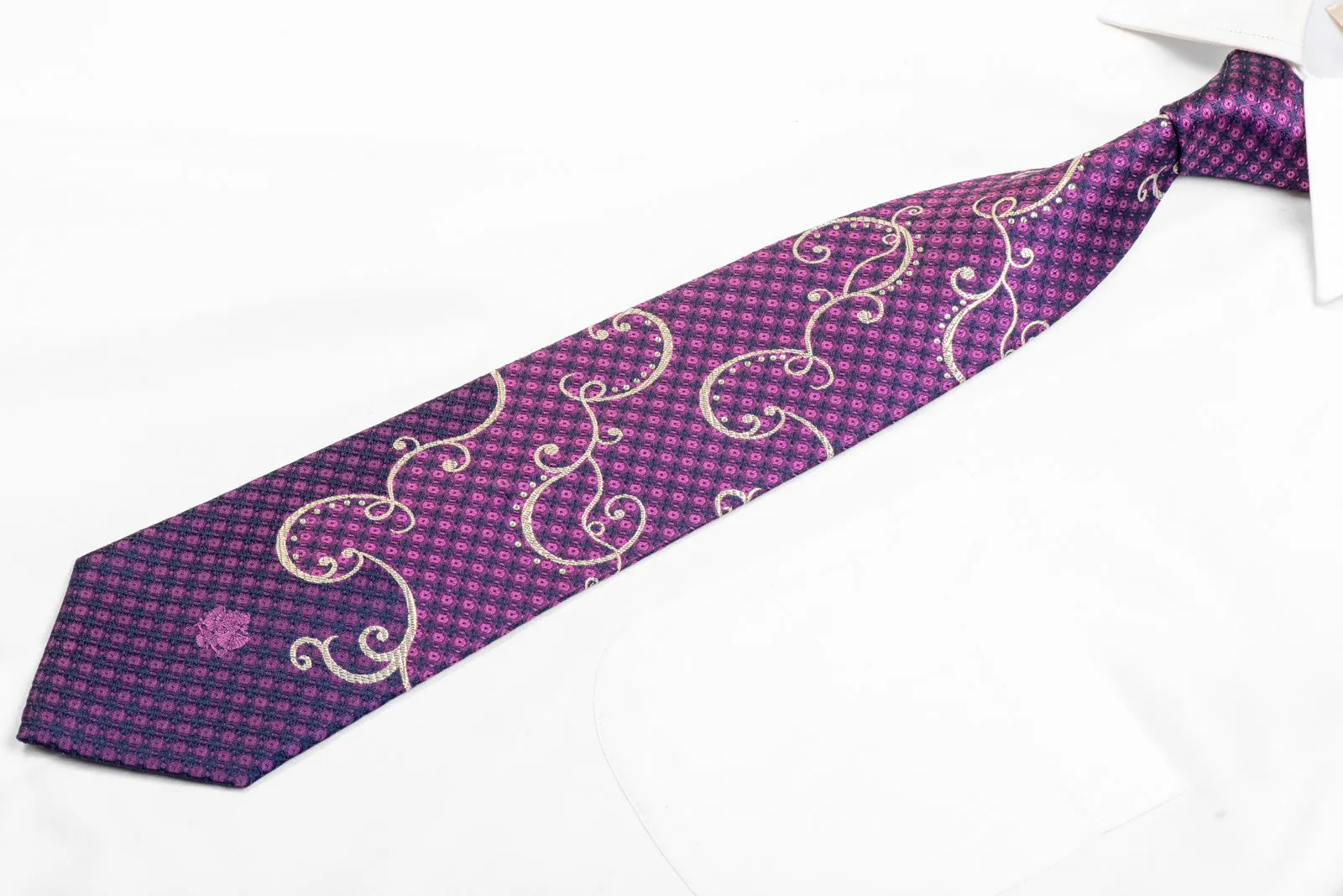 Silver Scrolls On Purple Rhinestone Silk Necktie With Silver Sparkles