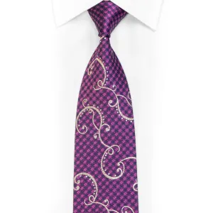 Silver Scrolls On Purple Rhinestone Silk Necktie With Silver Sparkles