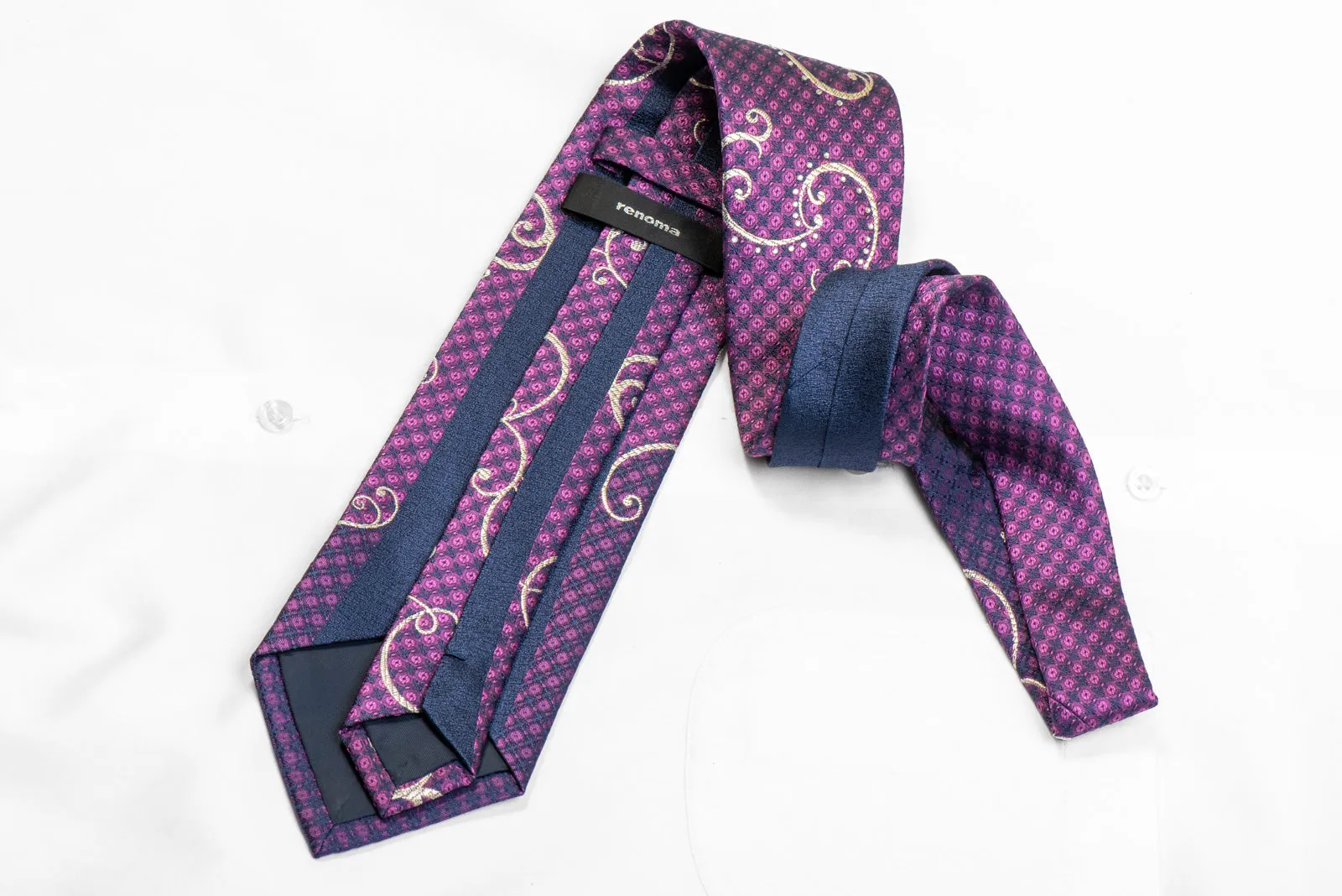 Silver Scrolls On Purple Rhinestone Silk Necktie With Silver Sparkles