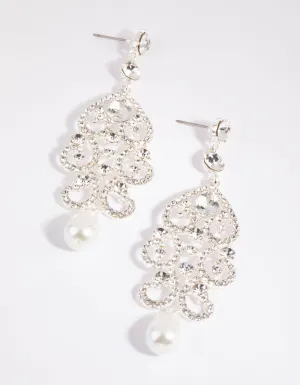 Silver Statement Diamante & Pearl Drop Earrings