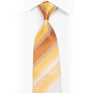 Silver Striped On Yellow Brown Rhinestone Silk Necktie With Gold Sparkles