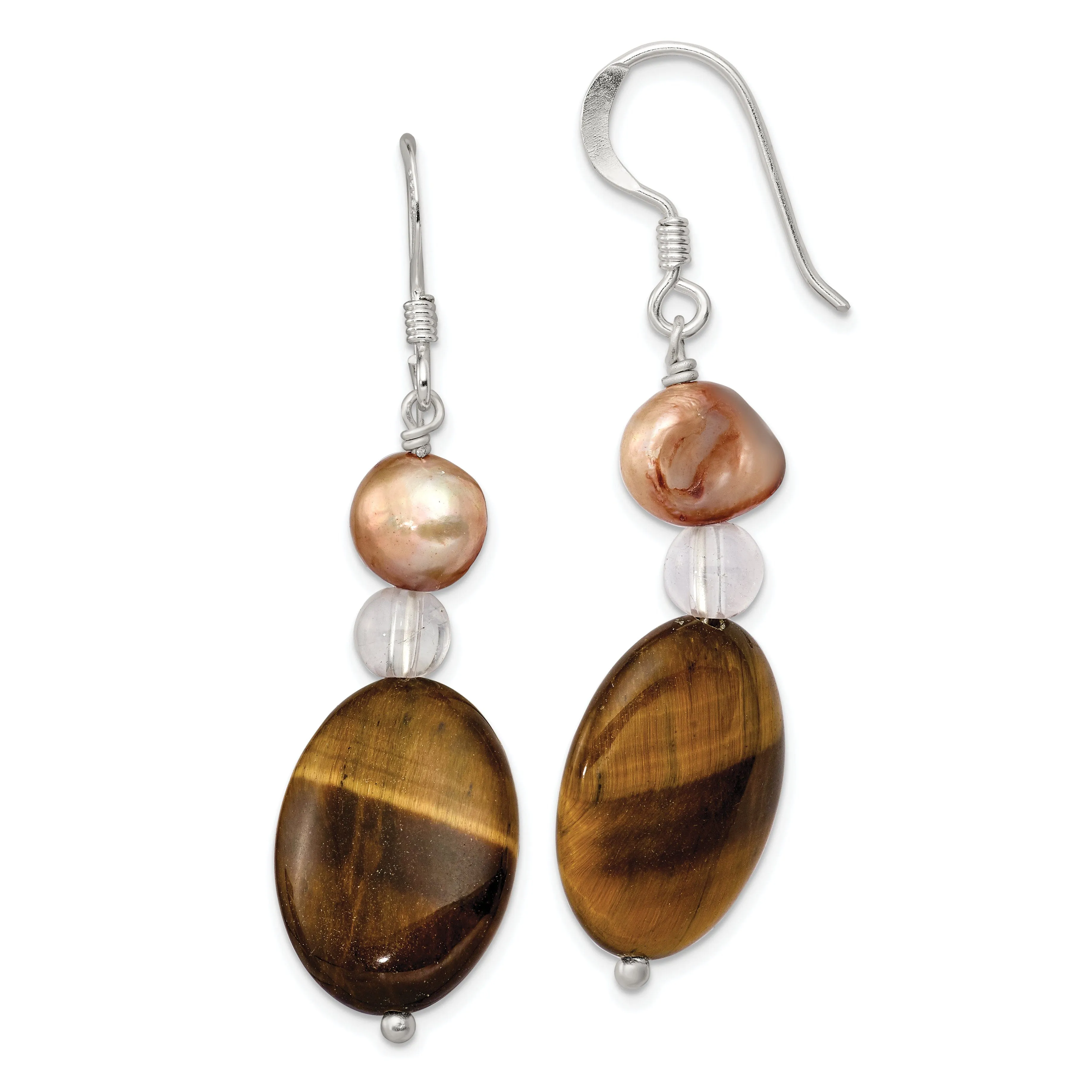 Silver Tiger's Eye Brown Pearl Dangle Earrings