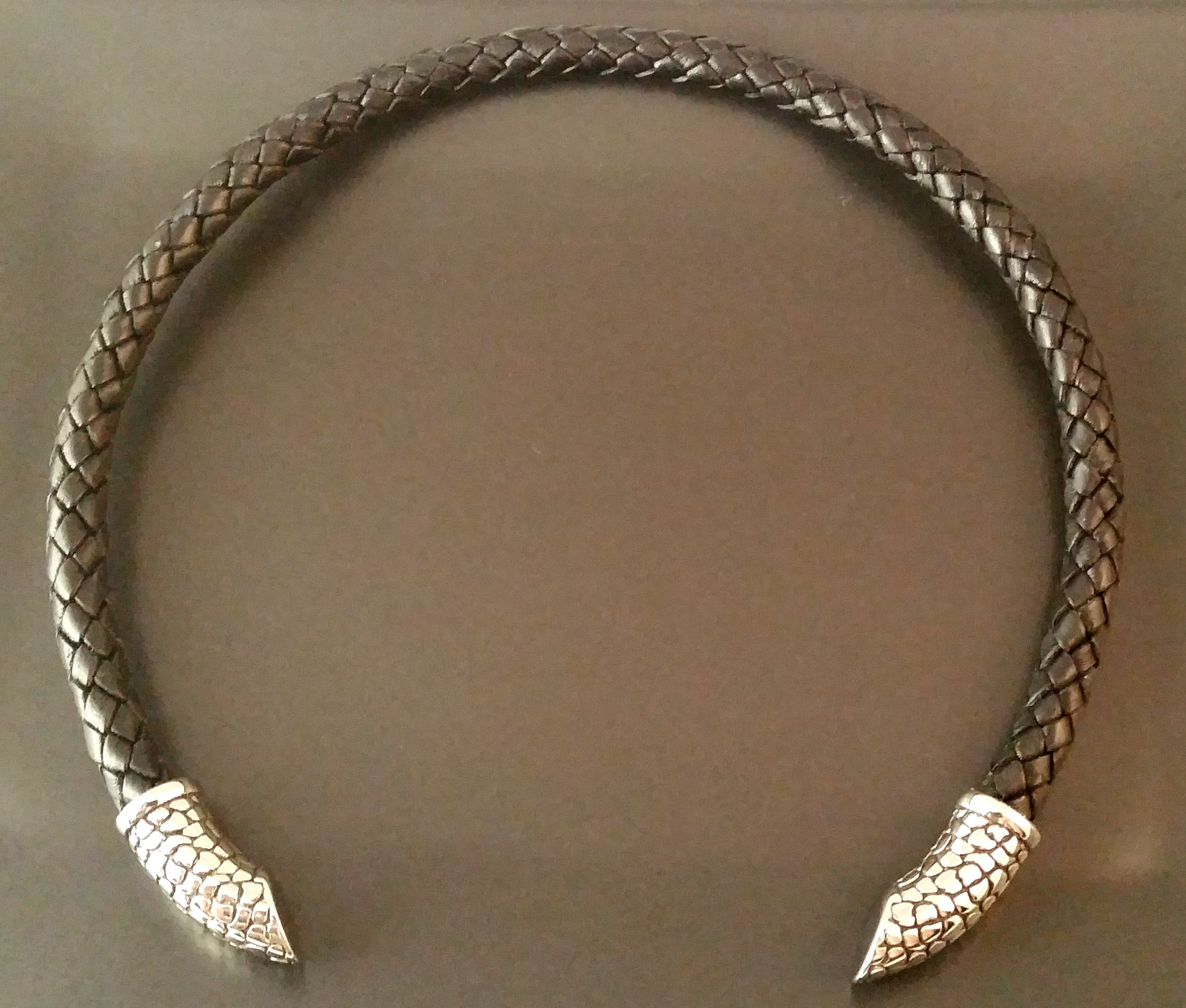 Silver Torc Necklace Black Leather Choker