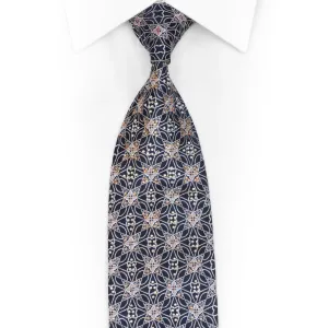 Silver Trellis On Navy Blue Rhinestone Silk Tie With Silver Sparkles