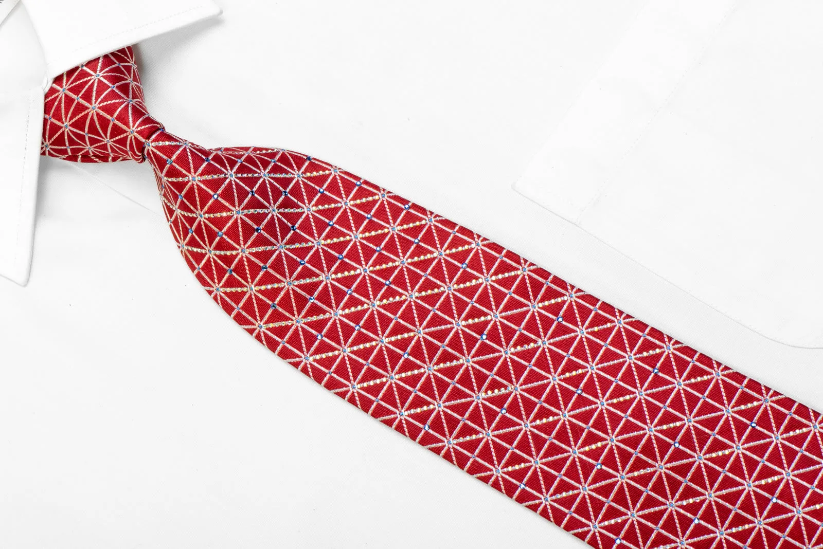 Silver Trellis On Red Rhinestone Silk Necktie With Silver Sparkles