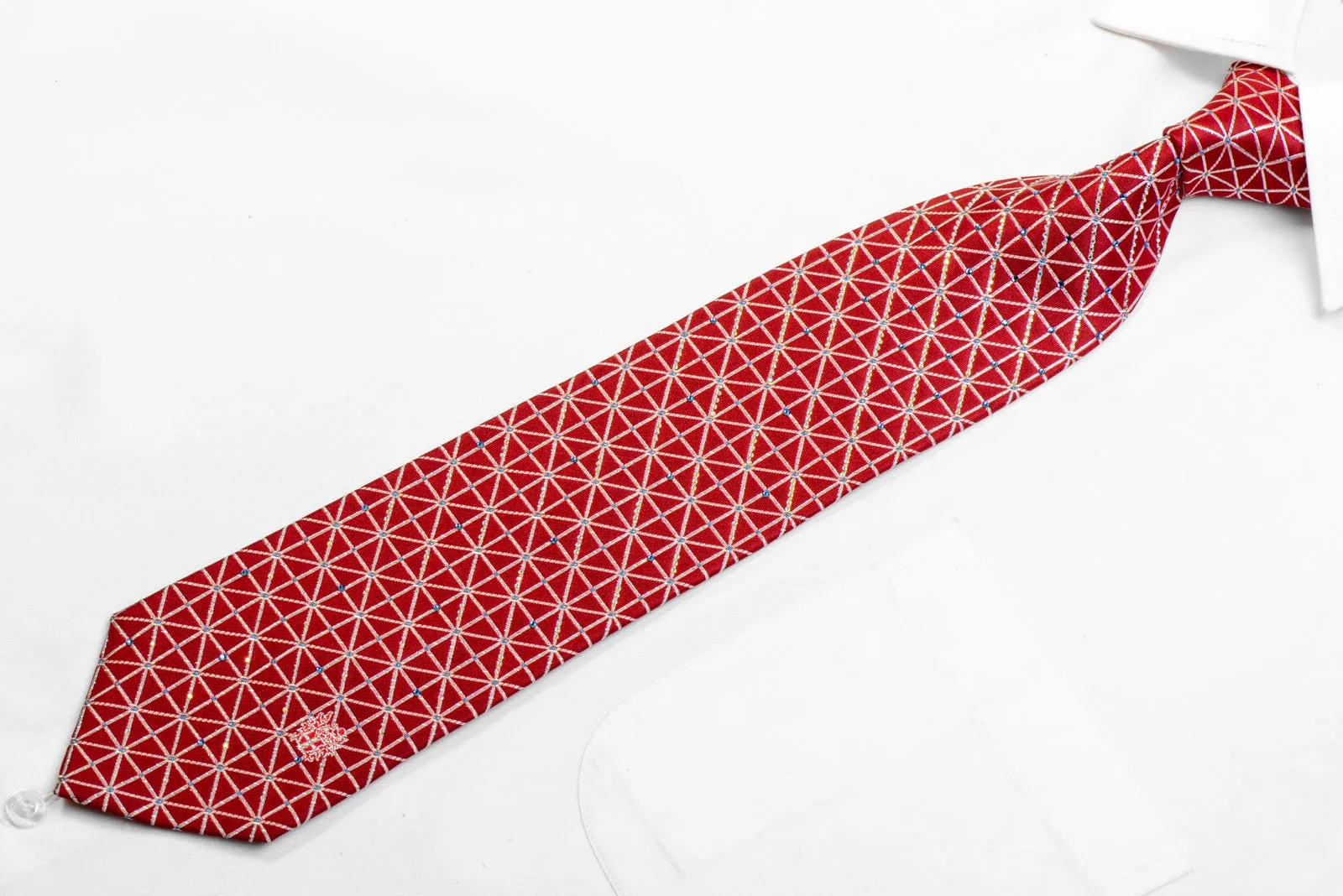 Silver Trellis On Red Rhinestone Silk Necktie With Silver Sparkles