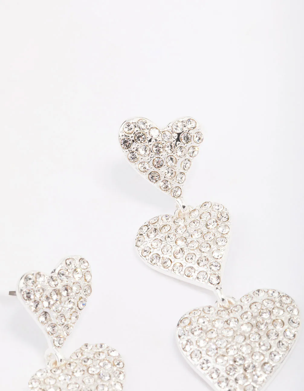 Silver Triple Diamante Heart Drop Earrings