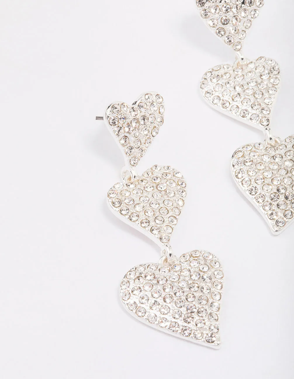 Silver Triple Diamante Heart Drop Earrings