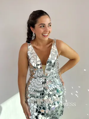 Silver V neck Strapless Glass Mirror Tight Homecoming Dresses Sequin Hoco Dress Cocktail Dress #TKL1919