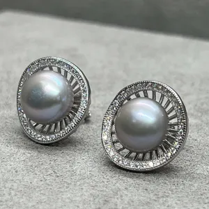 Silvery Grey Freshwater Pearl Basket Stud Earrings