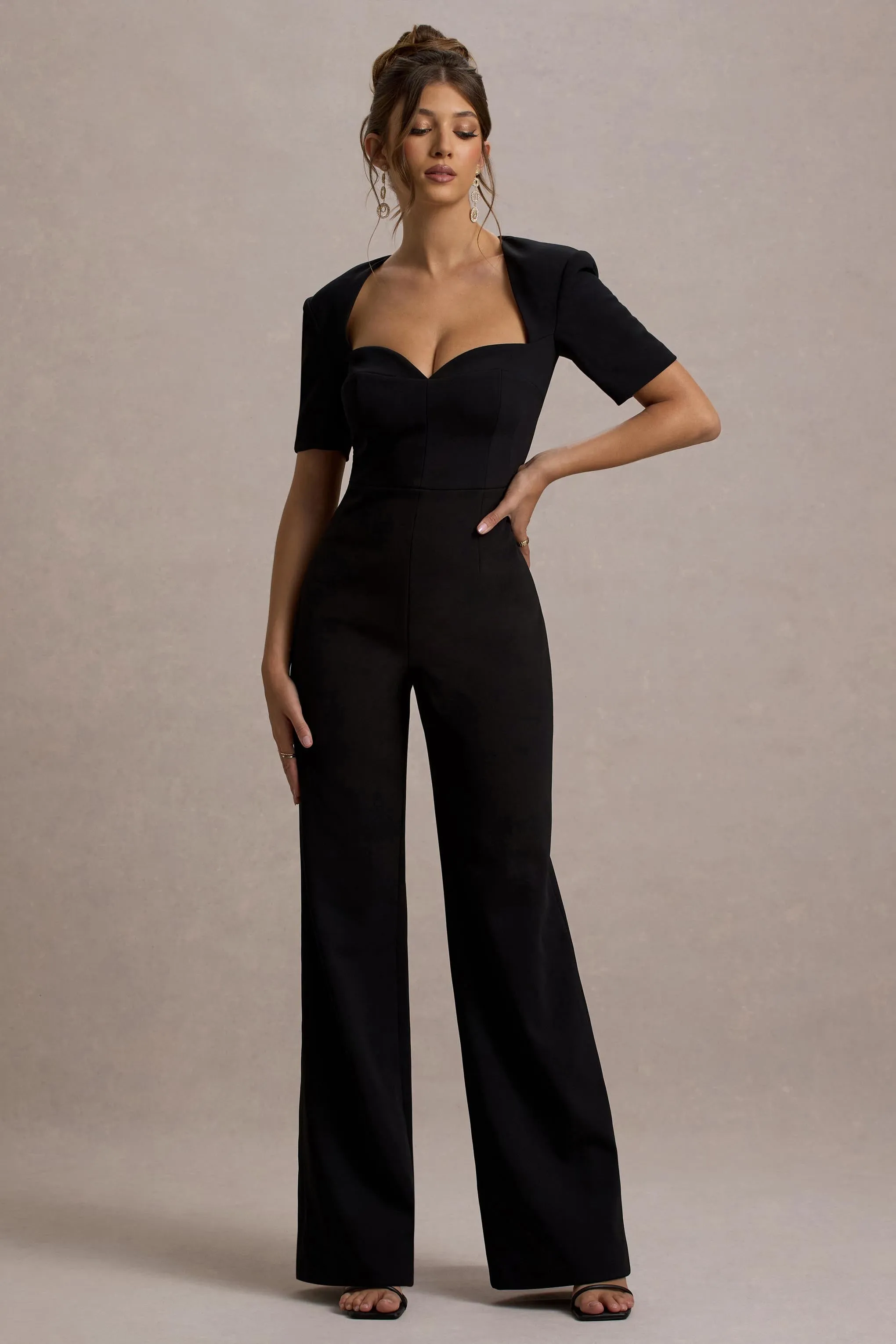 Simone | Black Sweetheart Short-Sleeve Wide-Leg Jumpsuit