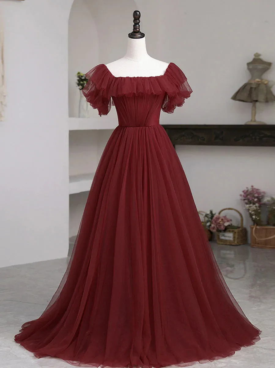 Simple A line Burgundy Tulle Long Prom Dress,Off the Shoulder Birthday Dresses