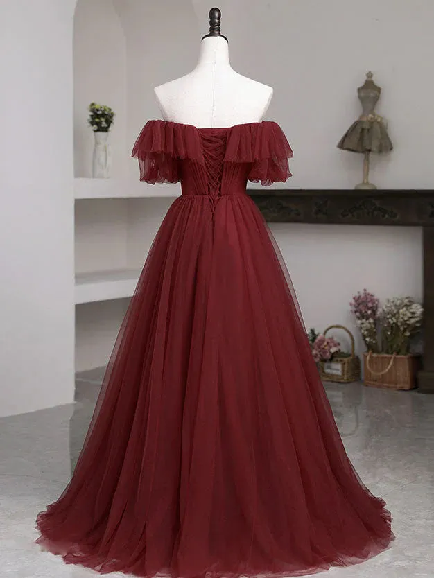 Simple A line Burgundy Tulle Long Prom Dress,Off the Shoulder Birthday Dresses