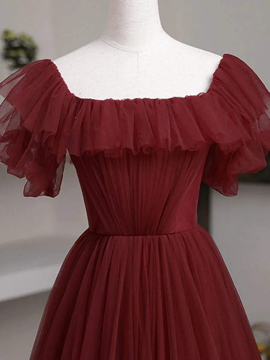 Simple A line Burgundy Tulle Long Prom Dress,Off the Shoulder Birthday Dresses