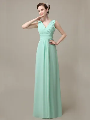 Simple A-line Chiffon V-Neck Floor-Length Long Bridesmaid Dresses